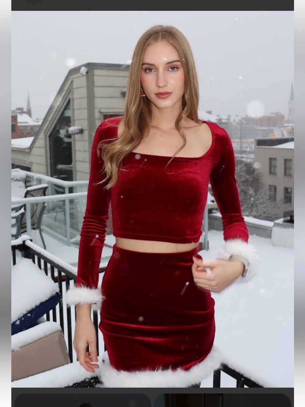 Wallflower Wine Red Velvet Two-Piece Skirt Set with White Faux Fur Trim